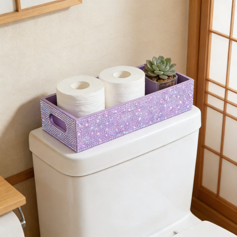 Sparkling Rhinestone Bathroom Storage Basket With Handle, Toilet Tank Tray And Vanity Organizer For Bathroom Decor And Countertop Organization