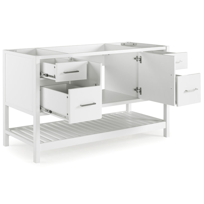 Meuble-lavabo Harrison de 60 po de largeur seulement en blanc - bois de pin massif, tiroirs à fermeture en douceur, quincaillerie en nickel, niveleurs réglables - lavabo non inclus