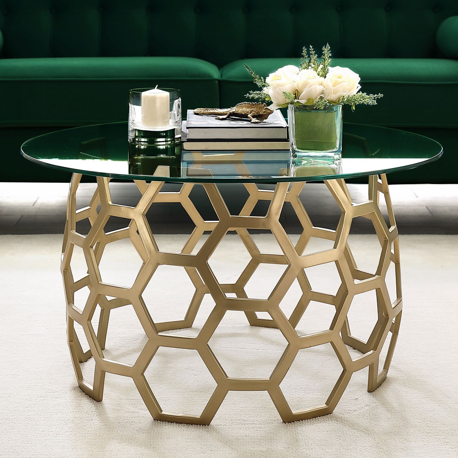 Everly Quinn Mattea Clear Glass Round Top Coffee Table with Metal Frame ...