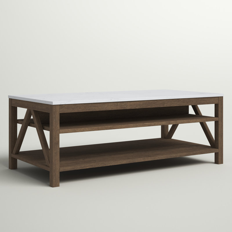 Table basse avec rangement Emmie, Plateau en marbre blanc / base en noyer naturel