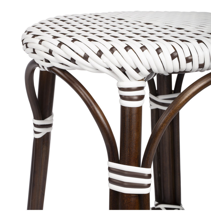 Tabouret de bar et de comptoir en rotin tissé à la main Alastair, Blanc / point brun / cadre en rotin brun foncé