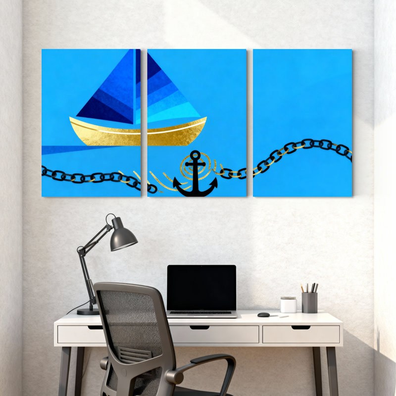 Voilier, ancre, chaîne, bleu océan, ensemble de 3 impressions sur toile, H 30 po x l 60 po
