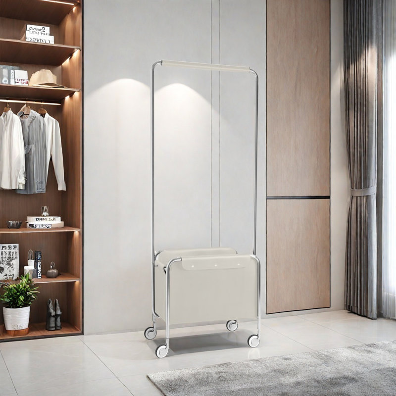 Full Steel Coat Rack Saddle Leather Basket, Ivory
