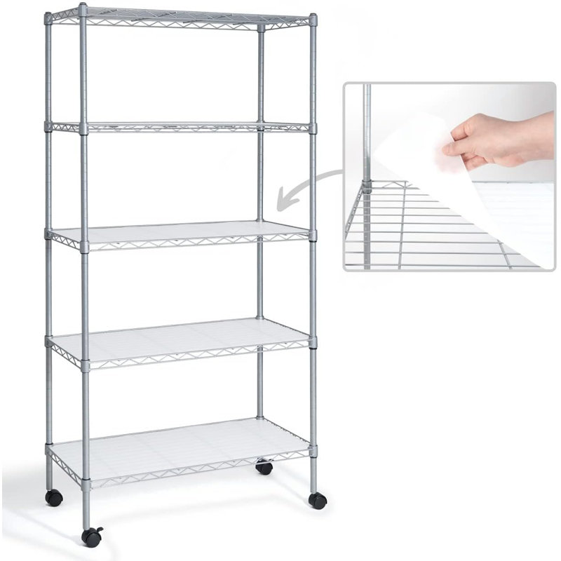 Heavy Duty Silver Grey 5-Tier Metal Shelving Unit with Wheels