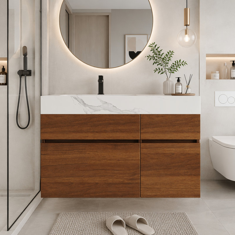 Meuble-lavabo flottant moderne avec plateau en pierre frittée sans soudure et lavabo en céramique intégré