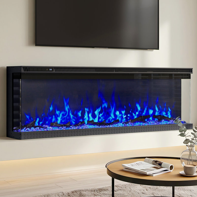 3-Sided Panoramic Electric Fireplace with 12-Color LED Flames, Recessed or Wall Mounted, 44cm x 91.4cm x 20cm