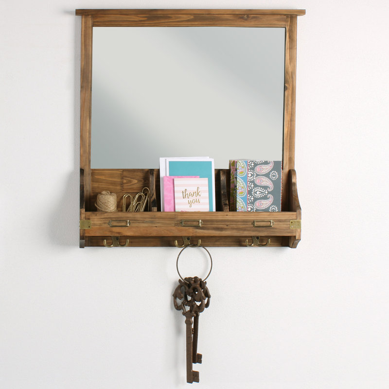 Stallard Rustic Brown Wood Wall Organizer with Mirror