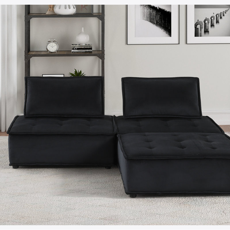 Canapé modulaire Sebron, Velours noir, H 29 po x l 80 po x P 80 po