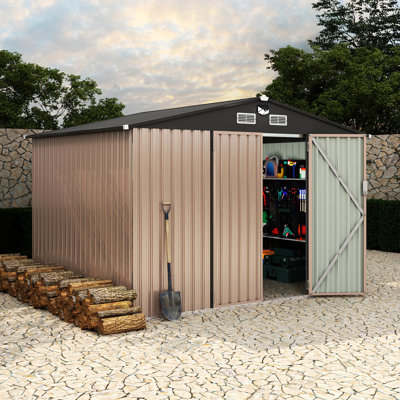 Remise de rangement extérieure en métal robuste de 8 x 10 pi - porte verrouillable sécurisée, évents, unité utilitaire toutes saisons pour la cour, le patio, la pelouse (toit foncé + tableau brun avec lumière solaire)
