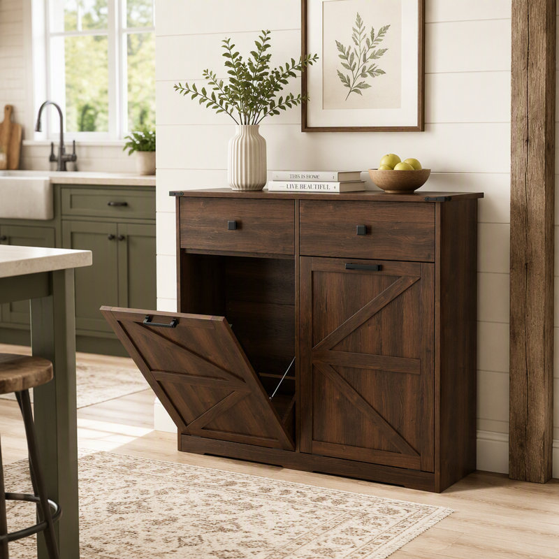 Farmhouse Double Tilt Out Trash Cabinet for 20 Gallon Trash Cans, Free Standing Recycling Cabinet with Hideaway Drawer, Barn Door Style Laundry Sorter Cabinet, Tilt Out Trash Cabinet for Kitchen