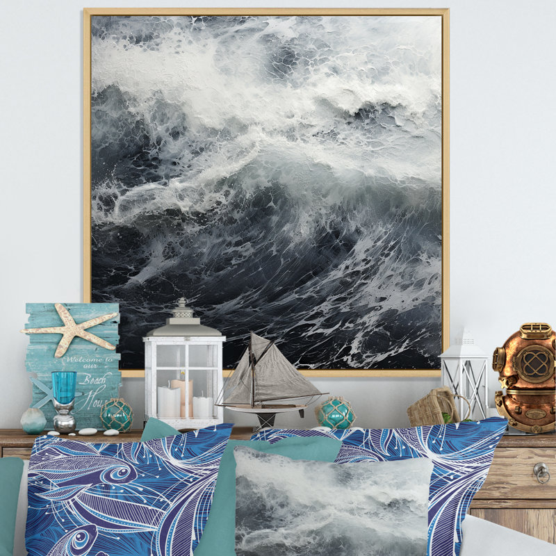 Tempête de vague noire et blanche sur toile, Cadre naturel flottant, H 30 po x l 30 po x P 1 po