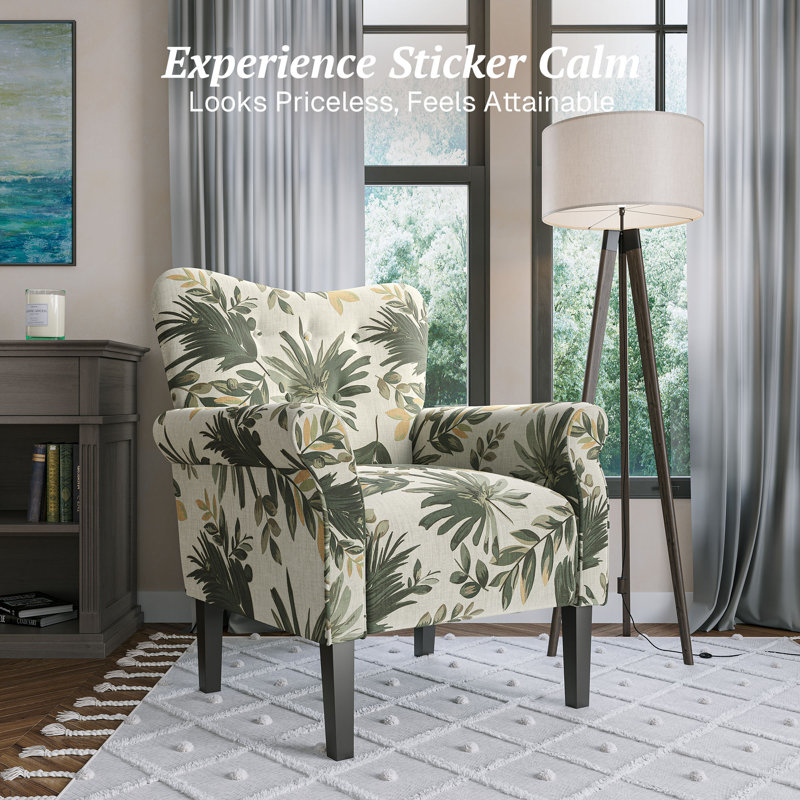 30.3" Wide Tufted Upholstered Armchair, Green Floral Linen