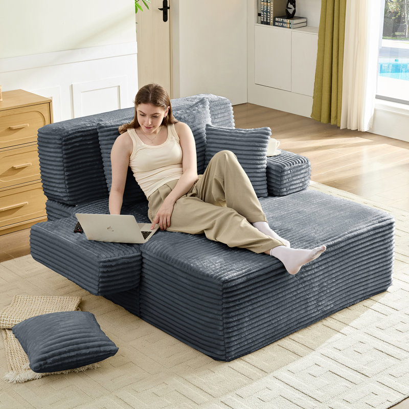 Très grande chaise longue en velours côtelé de 60 po, canapé-lit convertible, canapé-lit rembourré avec dossier réglable et pochette de rangement pour le salon