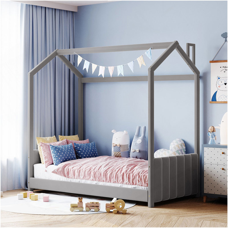 Lit simple en bois et velours, beige, Beige, Lit simple
