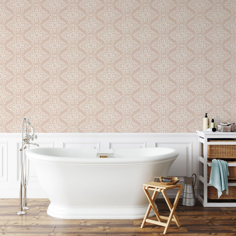 Lady Charlotte Timbre Damask 10' L x 25" W Peel and Stick Wallpaper Tile, Dusty Peach, Faux Grasscloth, Non-pasted