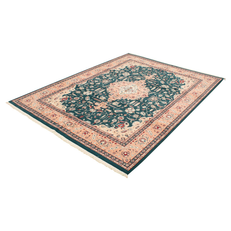 Tapis de la zone en laine bleu/beige 9 pi 1 po x 12 pi 6 po one-of-kind à la main-noué la 2010 Condrey