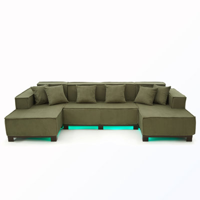 U-Shaped Upholstered Sectional Sofa With LED Light And 6 Pillows