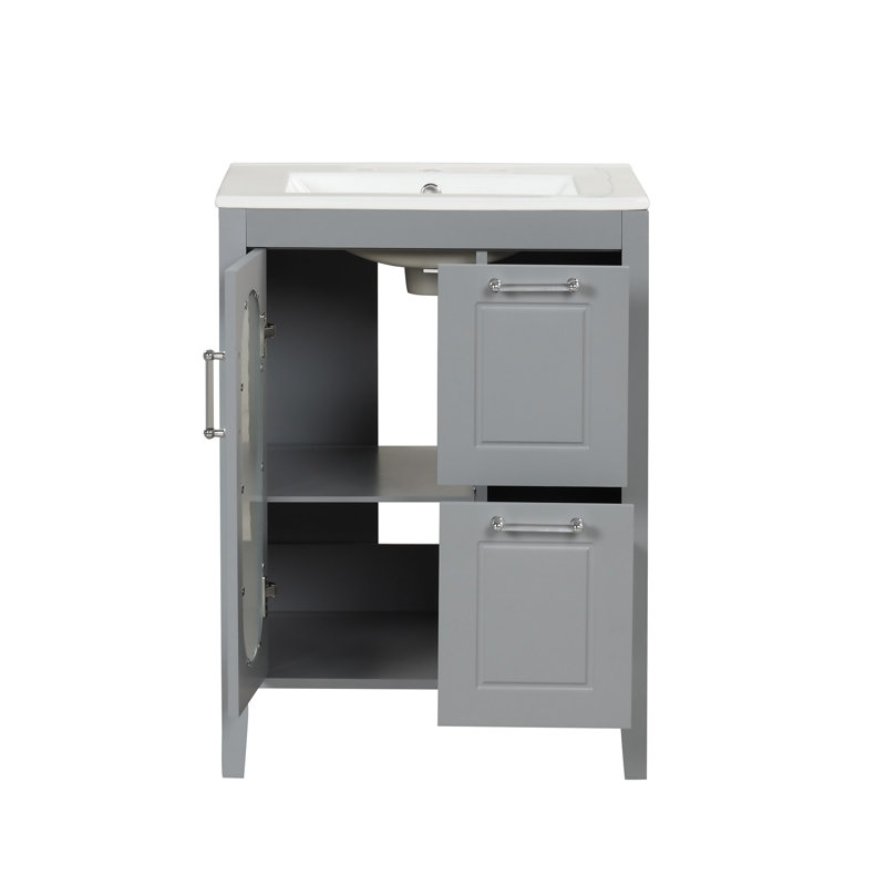 Meuble-lavabo 24 po avec lavabo, meuble-lavabo avec deux tiroirs et porte, tablette réglable, bois massif et panneau de fibres à densité moyenne