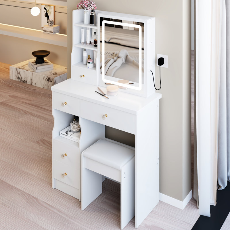 Petit espace - meuble-lavabo et tabouret rembourré convenable: bureau de tiroir gauche de 29,2 po, commande par miroir réglable à trois couleurs de luminosité à DEL