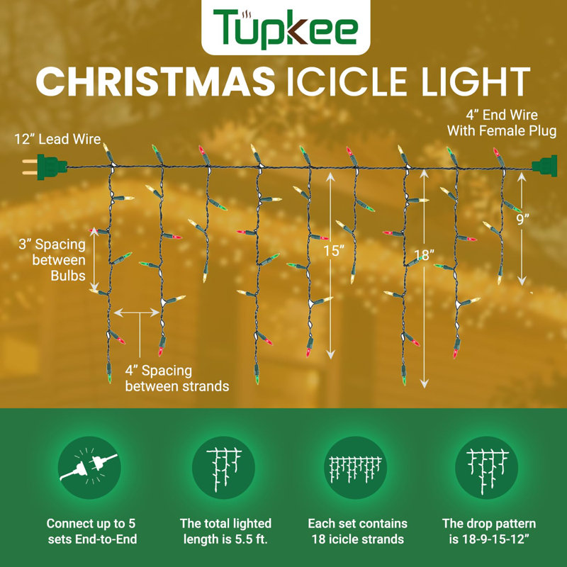 Tupkee Christmas Icicle Lights 100 Red, Green & Clear Bulbs - Random Shimmering Twinkle Lights - 12 of 100 Bulbs Twinkle - 7 Feet, Icicle Style Mini Lights - Indoor & Outdoor Christmas Decorations