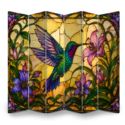 Paravent pliant à 6 panneaux, motif floral colibris royaux, toile verte et violette, séparateur de pièce autonome, cloison de protection pour plus d'intimité