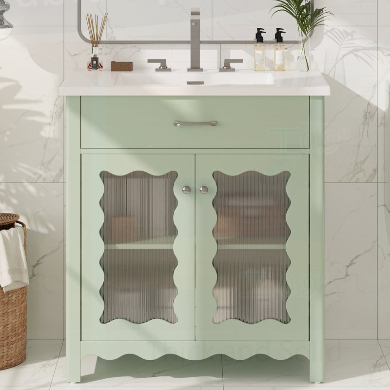 Meuble-lavabo 31 po avec verre trempé, vert, Vert