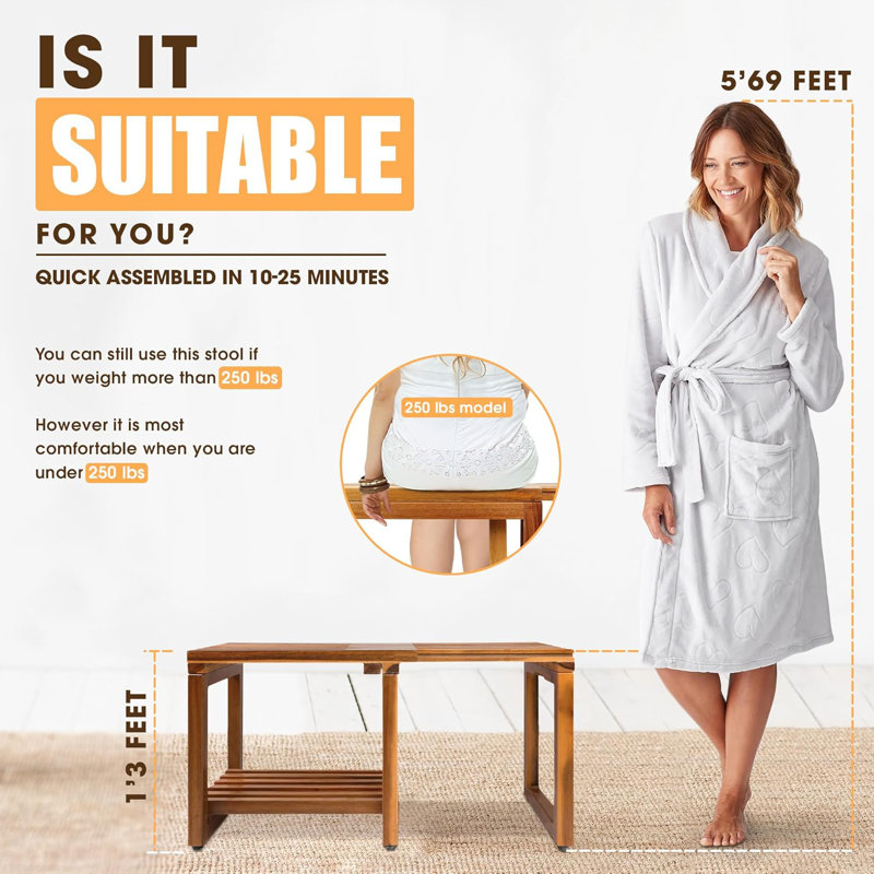 Tabouret de douche réglable de 29 pouces avec tablette de rangement imperméable et pieds de rasage