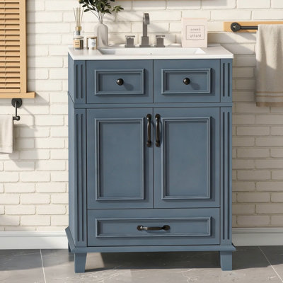 Meuble-lavabo de 24 po avec lavabo en céramique, armoire de rangement en bois massif avec portes à fermeture douce, style rétro, bleu