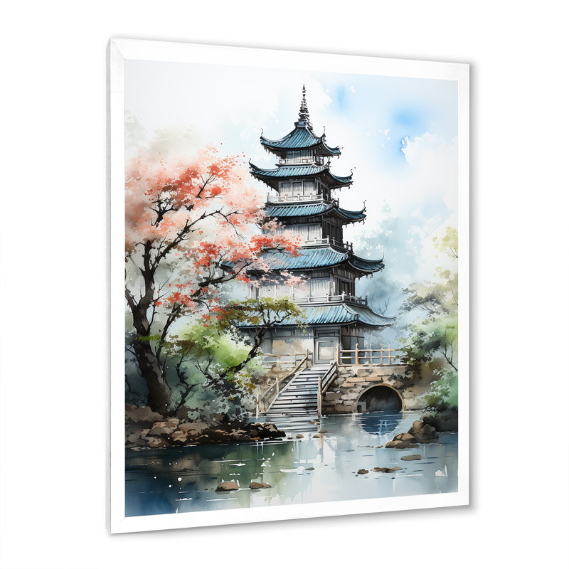 Tasheem Asian Art Serene Pagoda III - Print on Canvas, White Picture Framed Canvas, 32" H x 24" W x 1" D