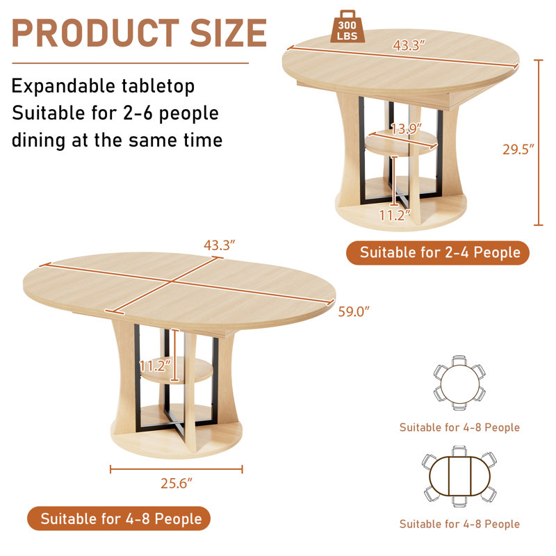 44‘’ Extendable Dining Table for 4-8 People, Round Dining Table with Scratch-Resistant MDF, Modern Kitchen Table with Noiseless Sliding & Storage, Dining Room Table, Natural