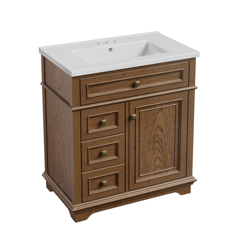 30" Traditional Free Standing Single Bathroom Vanity with One-Piece Ceramic Top and Integrated Sink, Walnut,  30" 