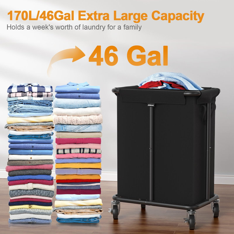 Rolling Laundry Hamper with Wheels, 170L, 1 Unit, (Black), Black