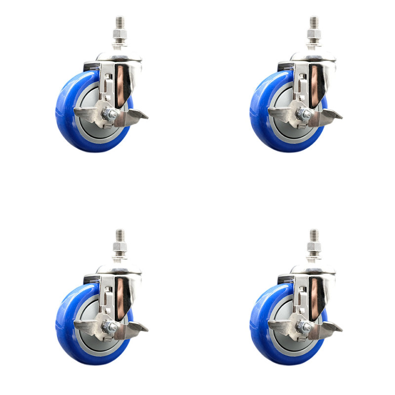 4 Inch 316SS Blue Polyurethane Swivel 12mm Threaded Stem Caster Set Brake