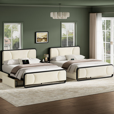 Set of 2 Full Bed with Storage Drawers, Platform Bed with Charging Station, No Box Spring Needed, Easy Assembly