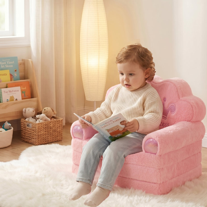 Kids Luxury Foil Printed Faux Rabbit Fur Princess Sofa, Pink Foldable Convertible Couch for Girls Bedroom & Playroom, Soft Foam Flip-Out Lounger Chair