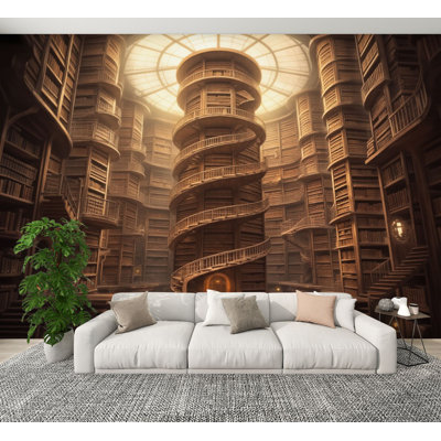 Library Peel and Stick Wallpaper Grand Spiral Library Interior Towering Wooden Bookshelves Warm Wall Murals 100"H x 144"W Removable PVC Wall Paper Self-Adhesive Wall Paintings Art Decor for Bedroom Living Room