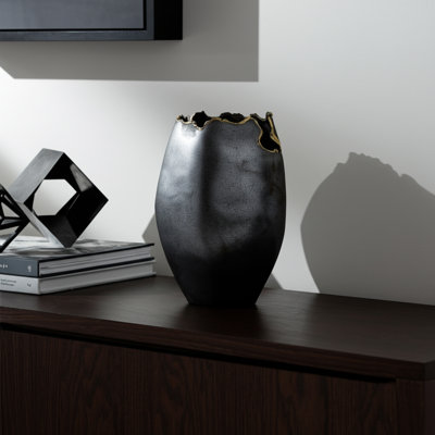 Modern Metal Vase Organic Edge Design Sculptural Accent Home Office Bedroom Living Room Decor - 14" Black