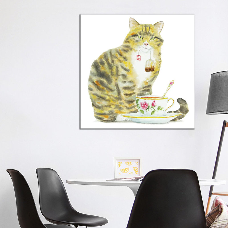Tabby Cat And Tea by Alexey Dmitrievich Shmyrov - Wrapped Canvas Painting, 93.98 cm H x 93.98 cm W x 3.175 cm D