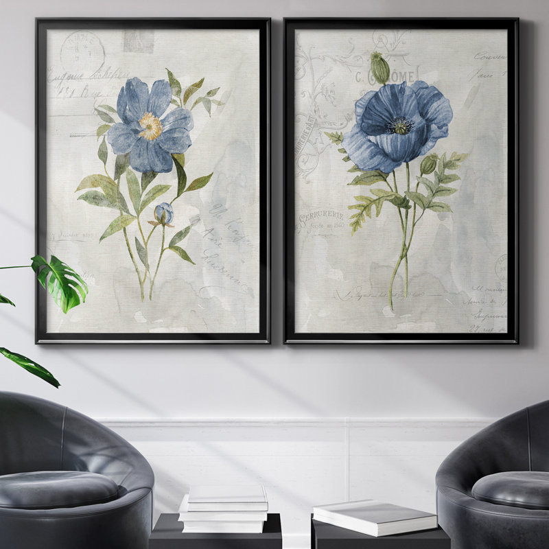 Blue Linen Peony - ensemble de 2 reproductions d'art, Pas de tapis, Toile avec cadre noir, H 30,5 po x l 42,5 po x P 3 po