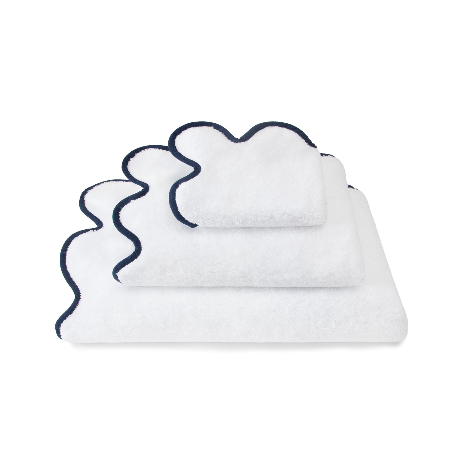 Lowney Scalloped Cotton Hand Towel, White/Navy, Hand Towel