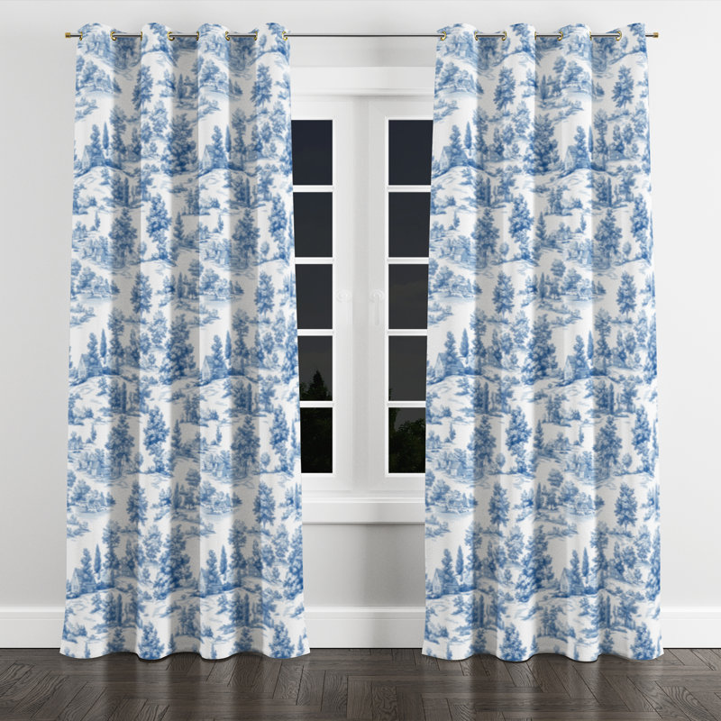 Country Farmhouse Curtains for bedroom - Blue Country Toile Grommet Curtain - 1 Panel, 52" W x 95" L, Gold Grommets