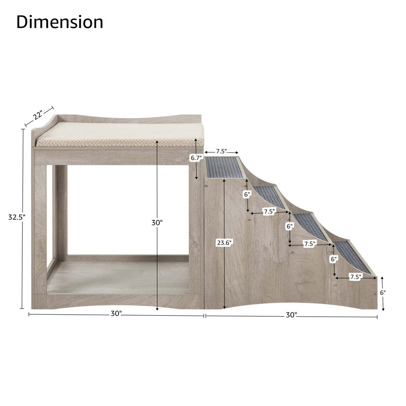 Escalier pour animaux Alliya, Gris patiné, H 32,5 po x l 60 po x P 22 po