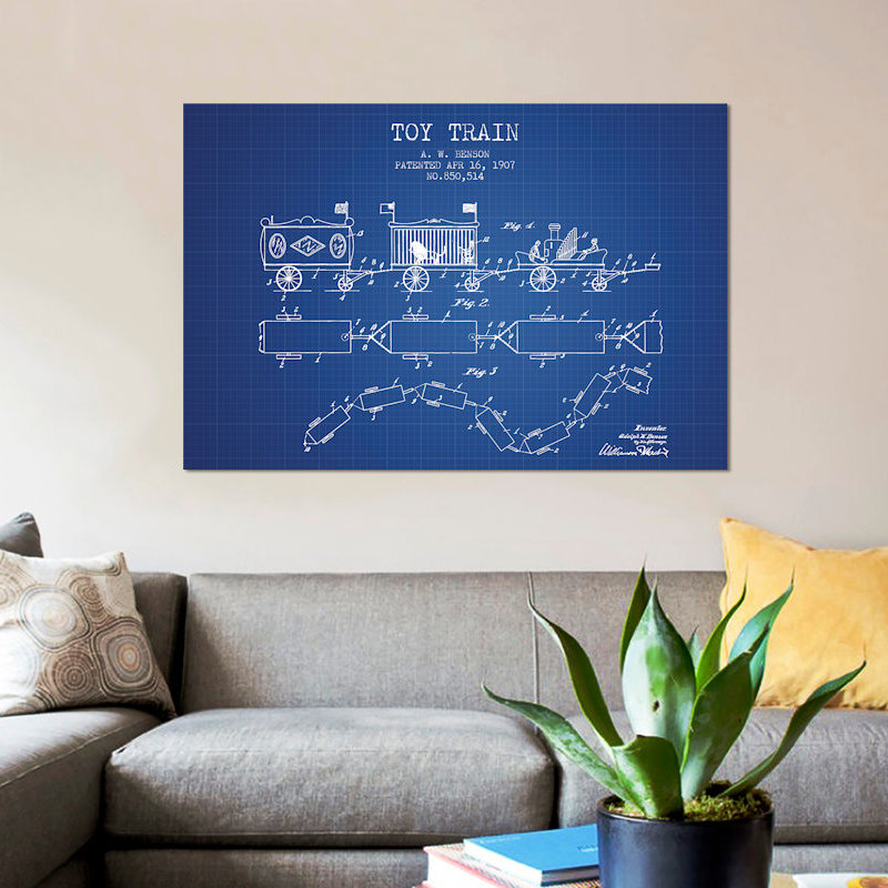 « a.w. benson toy train train sketch », reproduction d’impression sur toile en bleu, H 12 po x l 18 po x P 1,5 po