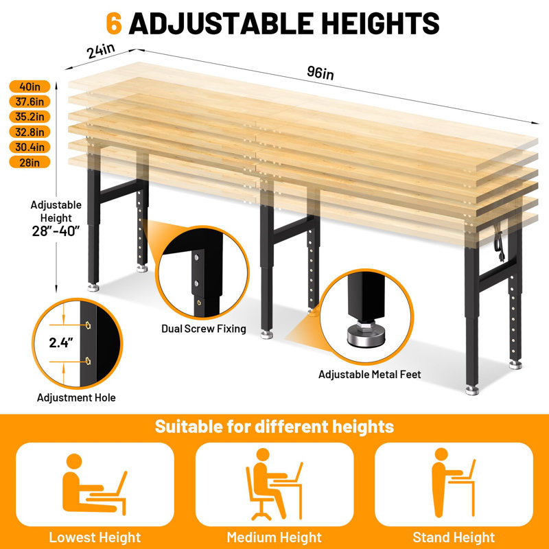 Établi robuste à hauteur réglable de 244 cm (96 po), capacité de 2268 kg (5000 lb), plateau en bois d'hévéa, prises électriques et panneau perforé pour garage, atelier ou bureau.
