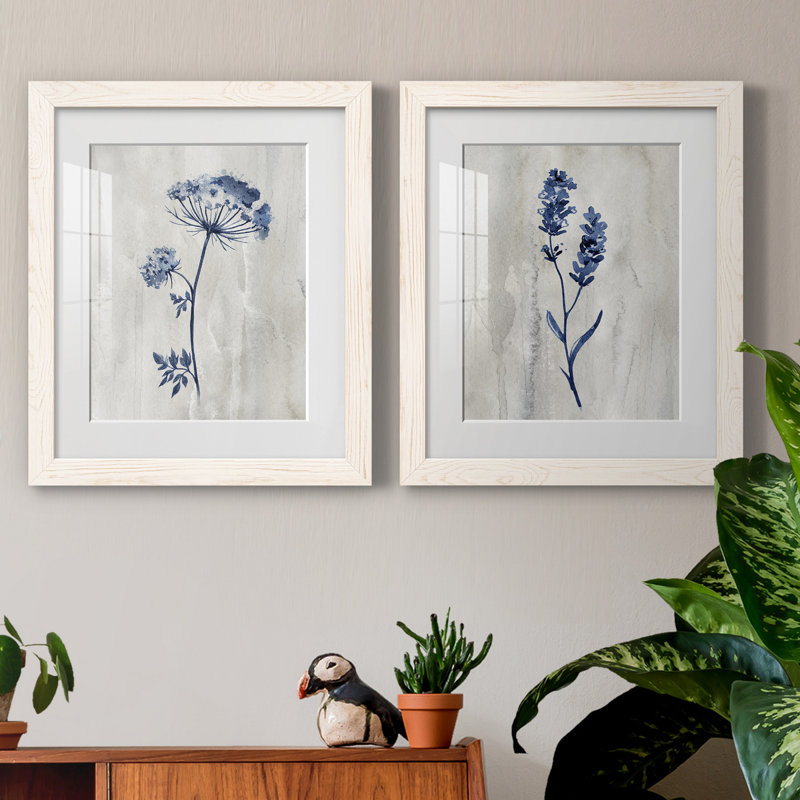 «Indigo Botanical I», ensemble de 2 reproductions d'impressions, Impression encadrée avec passe-partout, H 24 po x l 36 po