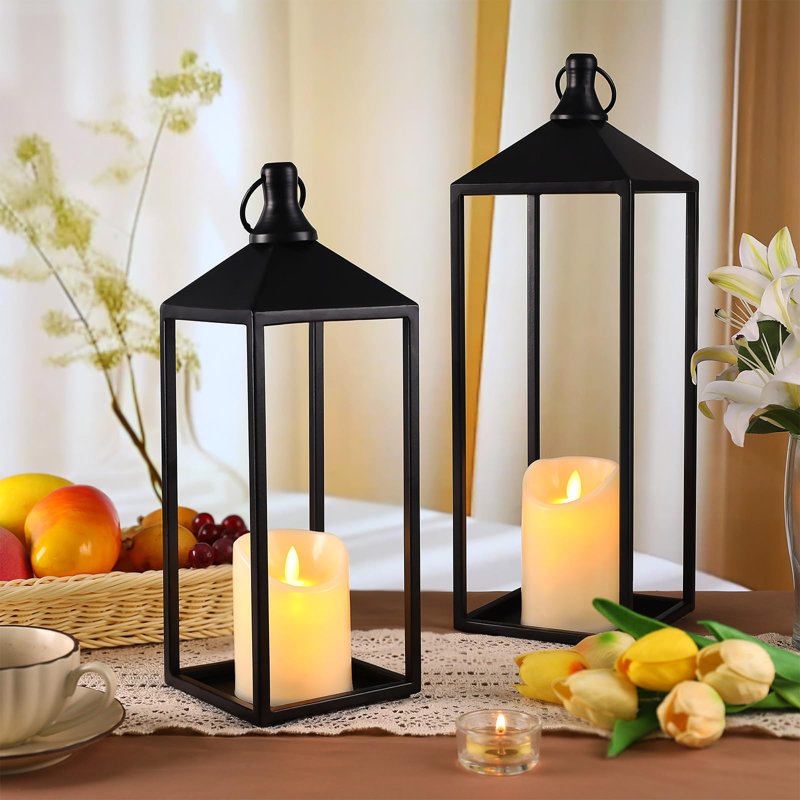 Lanterns Decorative Outdoor Indoor, Set Of 2 Black Vintage Lantern With LED Pillar Candle, Modern Farmhouse Lantern Decor For Room, Christmas Lanterns Decorative For Porch, Garden