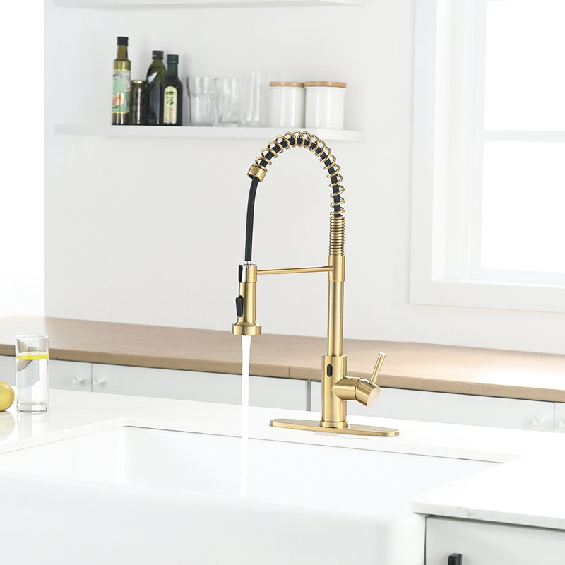 Hands Automatic Smart Faucet - Touchless With Modern Pull Down In Brushed Gold For Convenient Kitchen Use Stainless Steel 2-Inch Sensing Distance &