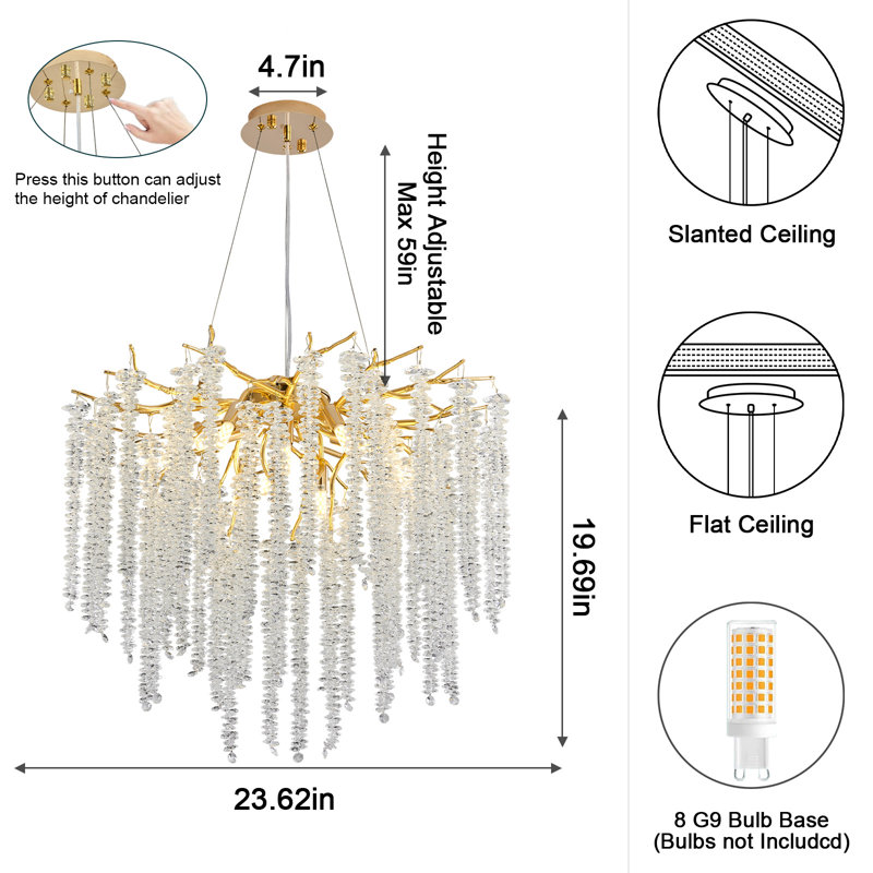 Akari Tree Branch Glass Art Gold Tassels Chandelier Lighting, D24"