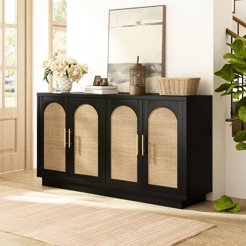 Terneuzen 59" Sideboard with Arch Design and Authenic Rattan, Noir