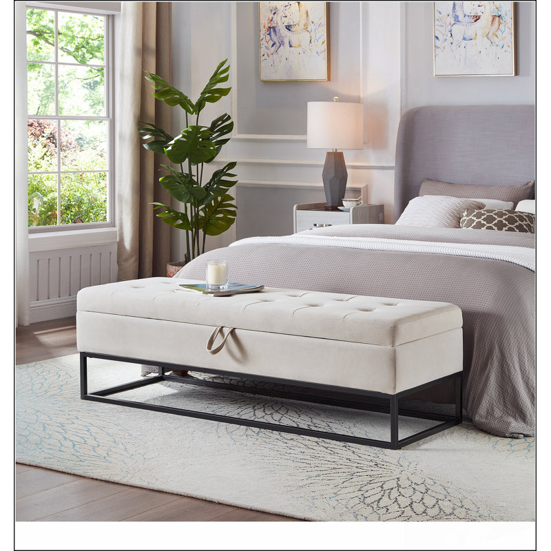 Base de lit en métal 58,6 po avec velours de rangement, Beige
